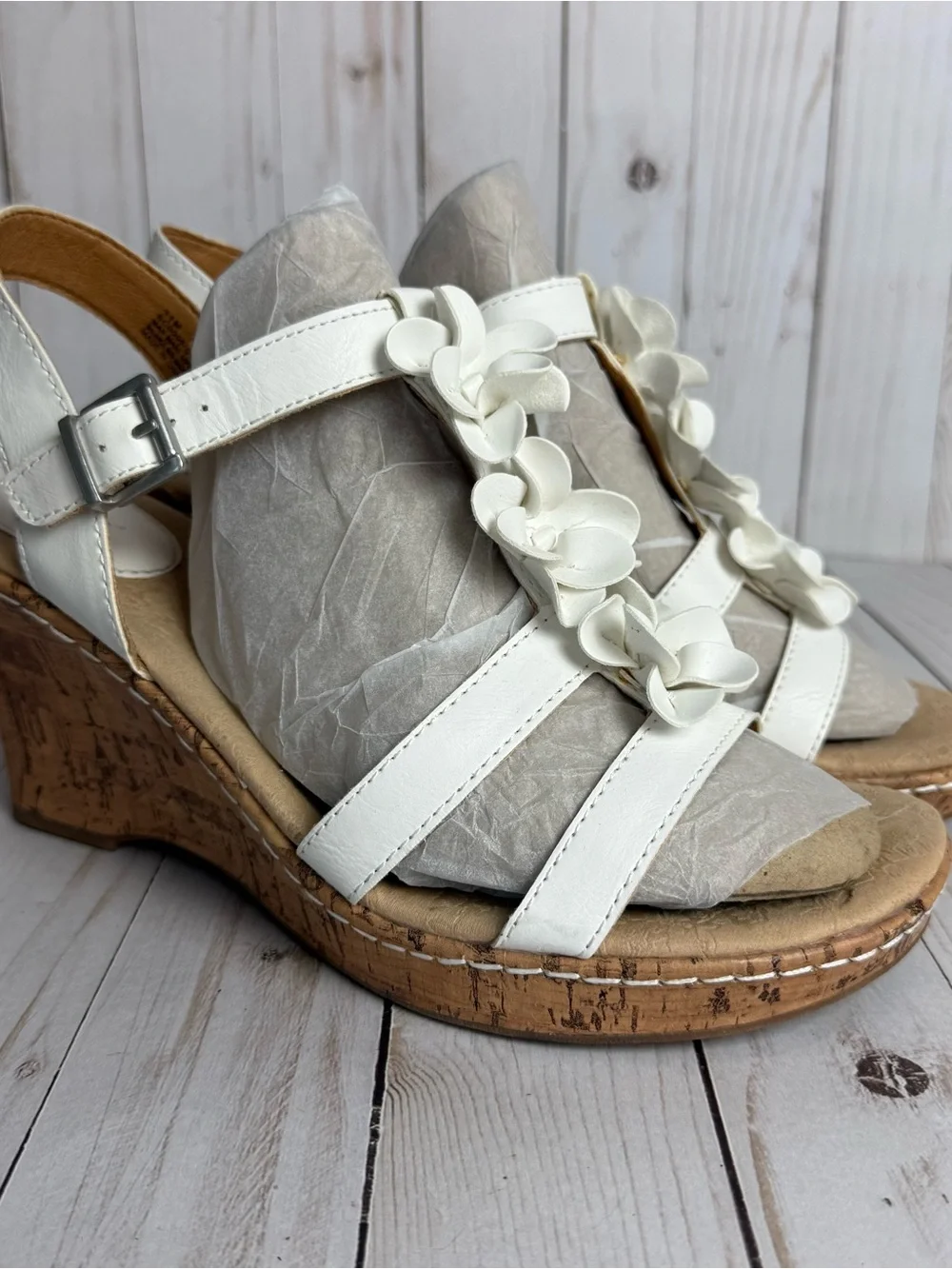 B.O.C. White Flower Vegan Leather Cork Wedges Open Toe Slingback Sandals